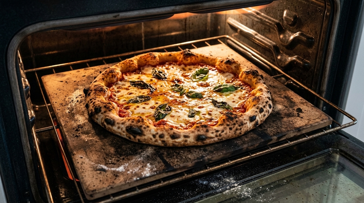 Acima de 400 °C, a base cozinha por contato intenso com o piso quente, enquanto a borda recebe calor radiante da cúpula do forno.