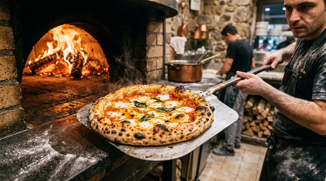 Acima de 400 °C, a base cozinha por contato intenso com o piso quente, enquanto a borda recebe calor radiante da cúpula do forno.