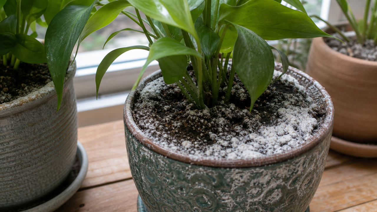 Floristas explicam como uma pequena quantidade de vinagre pode ajudar vasos com excesso de minerais e manchas brancas.