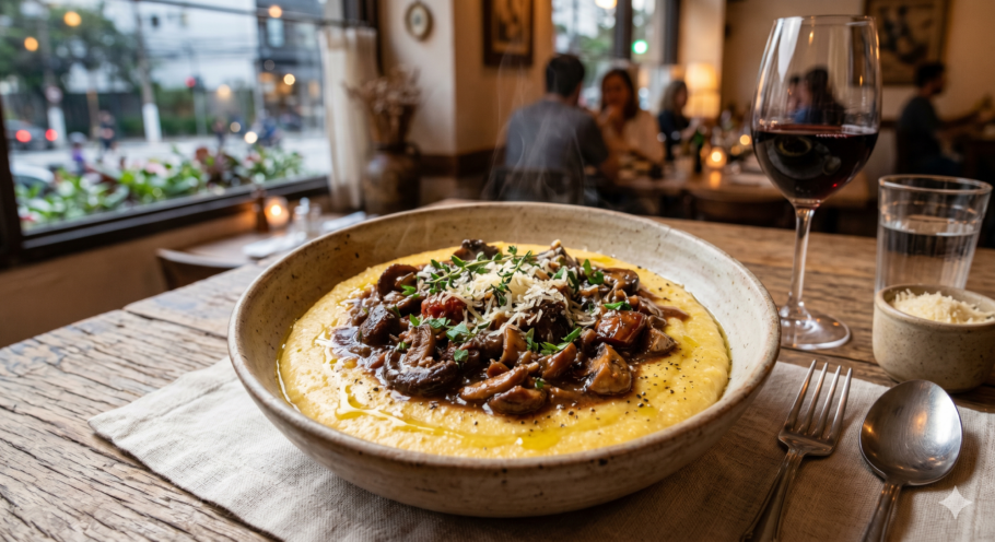 A polenta cremosa com ragu de cogumelos fica perfeita sozinha como prato principal, mas também combina com salada verde ou legumes assados