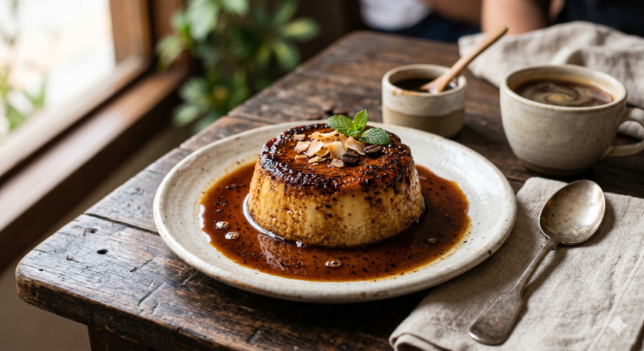 Pudim de leite de coco queimado com calda de café