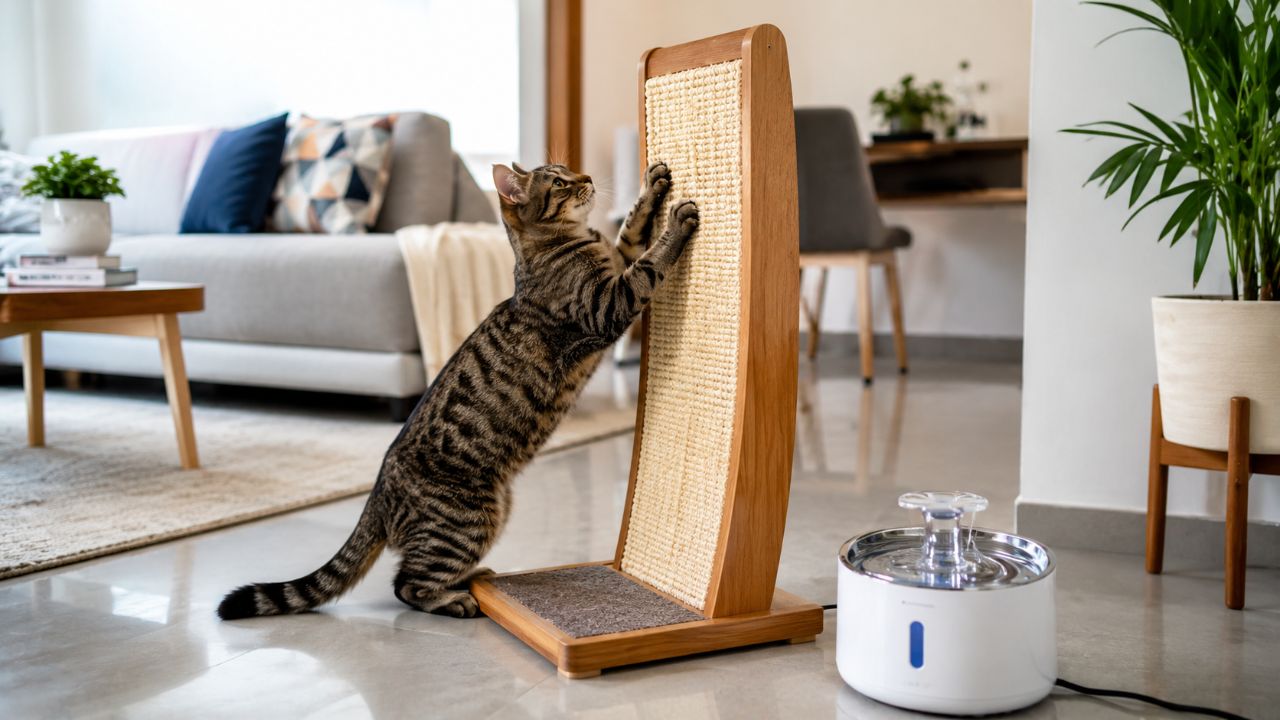 Acessórios como arranhadores e brinquedos interativos reduzem a ansiedade e melhoram a saúde do gato.