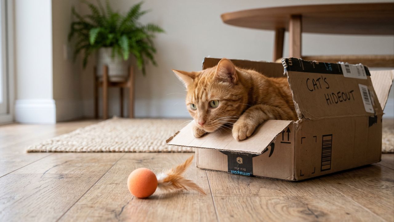 Promova o bem-estar do gato estimulando o instinto de caça com brinquedos variados e caixas de papelão.