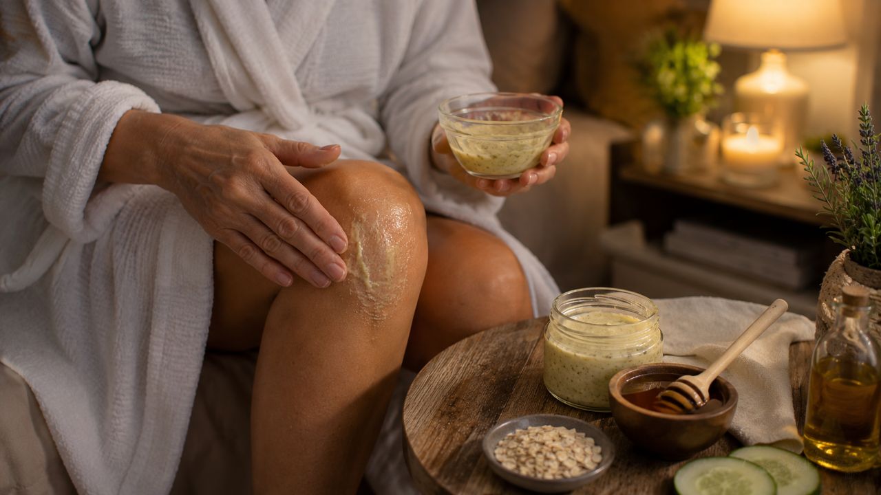 Ingredientes naturais suaves hidratam e ajudam no clareamento gradual dos joelhos antes de dormir.