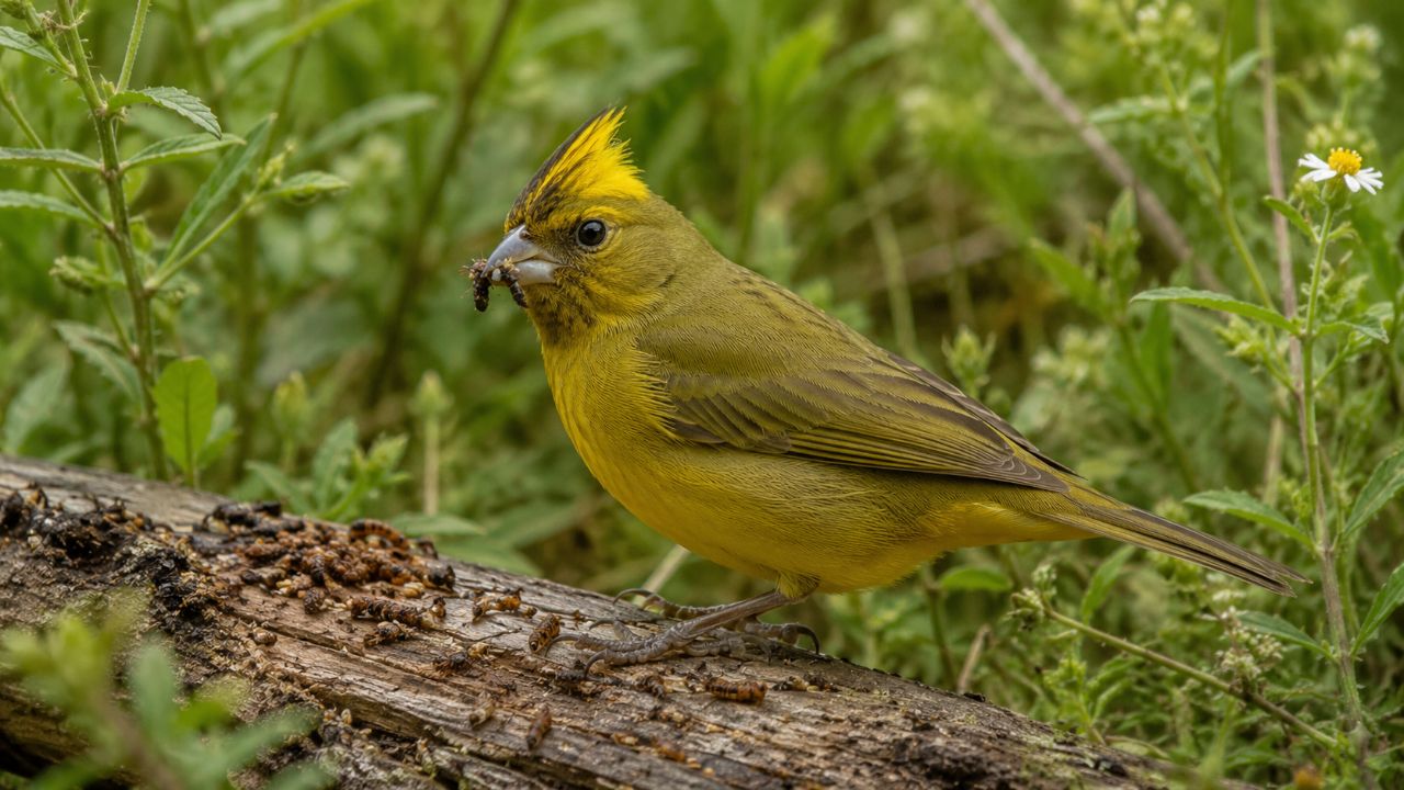 O cardeal-amarelo destaca-se pelo canto melodioso, crista preta e plumagem vibrante no sul do continente.
