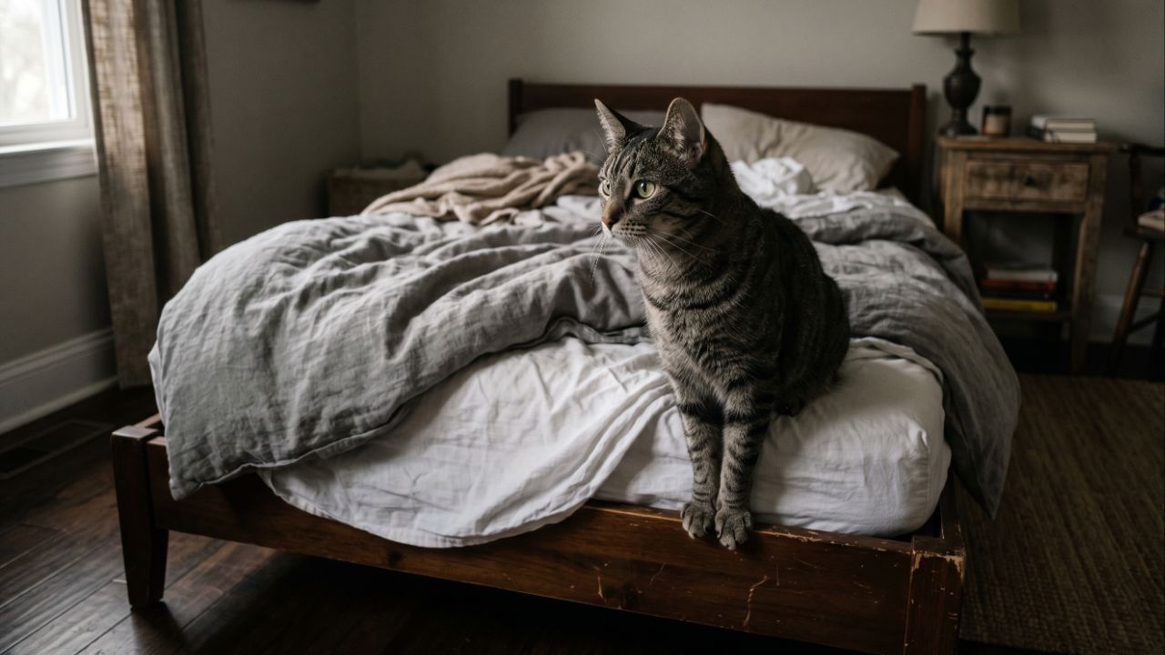 Dormir no pé da cama é uma escolha estratégica que garante aos gatos segurança, vigilância e uma rota de fuga rápida.