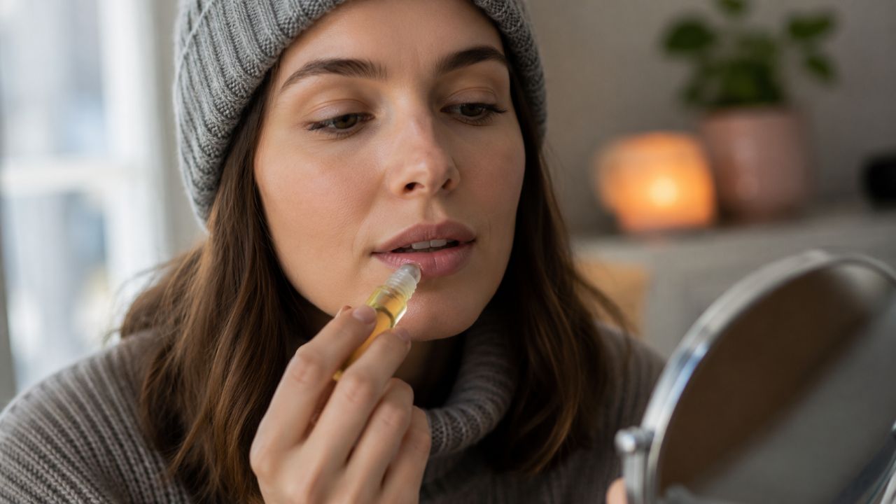 A aplicação noturna do óleo otimiza a regeneração e hidratação labial, protegendo contra o ressecamento.