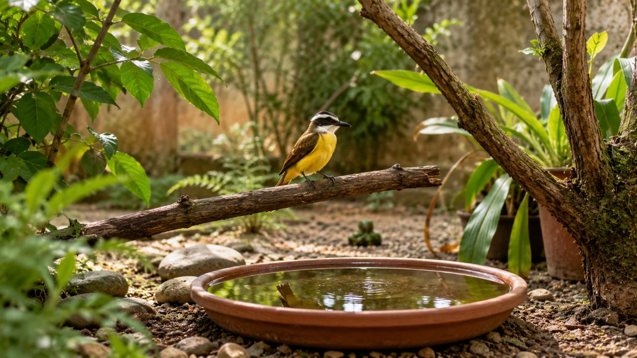 Adicione um recipiente raso de água limpa perto do comedouro para atrair e refrescar o bem-te-vi.