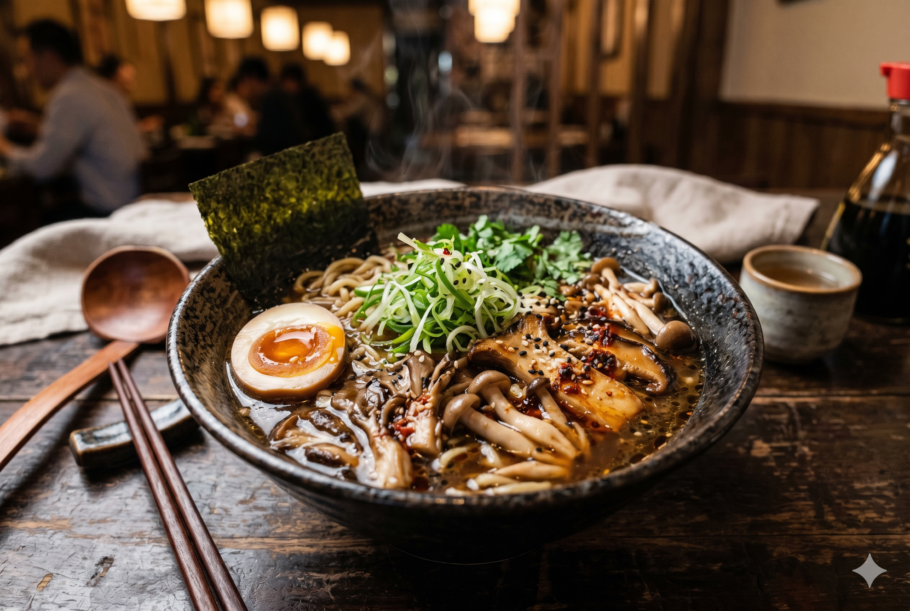 O refogado bem feito dos cogumelos já garante profundidade ao caldo, enquanto o shoyu e o gengibre completam o sabor