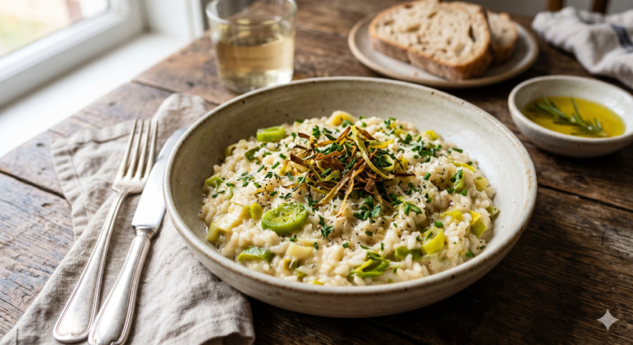 O risoto preguiçoso de alho-poró é uma alternativa simples para quem quer um prato cremoso, elegante e fácil de preparar