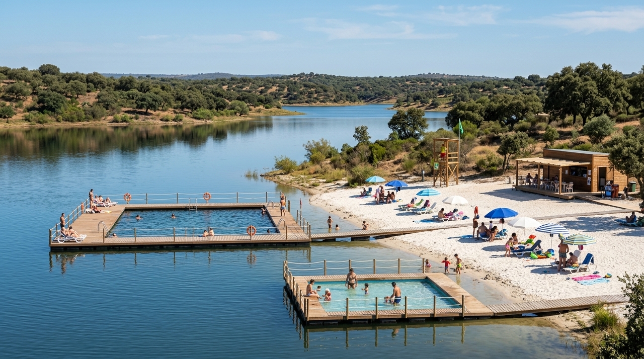 As piscinas flutuantes são a principal atração da Praia Fluvial de Albergaria dos Fusos.