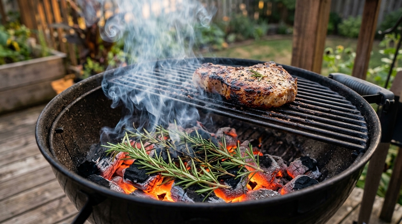 Carnes com gordura aparente combinam muito bem com alecrim, porque a gordura segura parte do perfume da fumaça