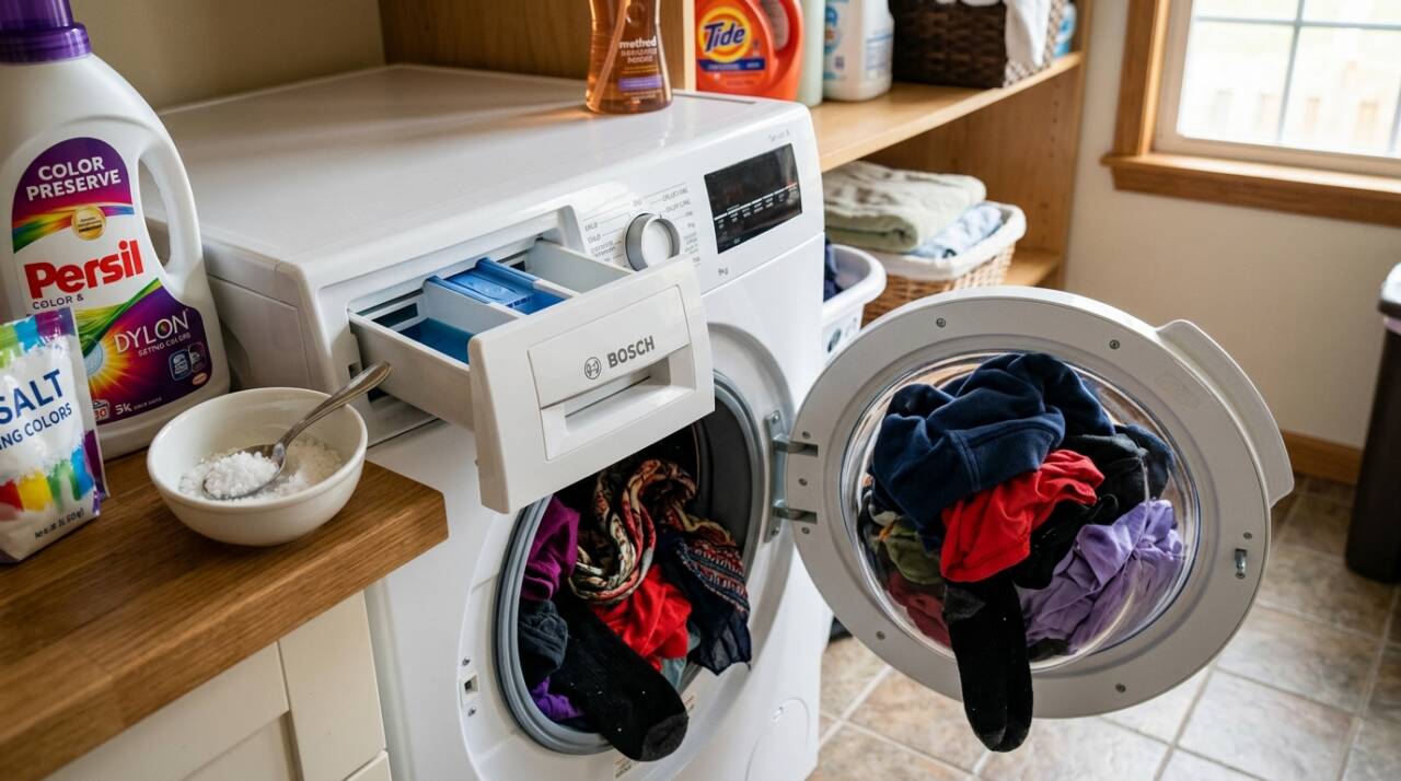 O sal interage com fibras e corantes têxteis, ajudando a reduzir o desbotamento e a transferência de cor para a água, principalmente em roupas escuras ou muito coloridas.