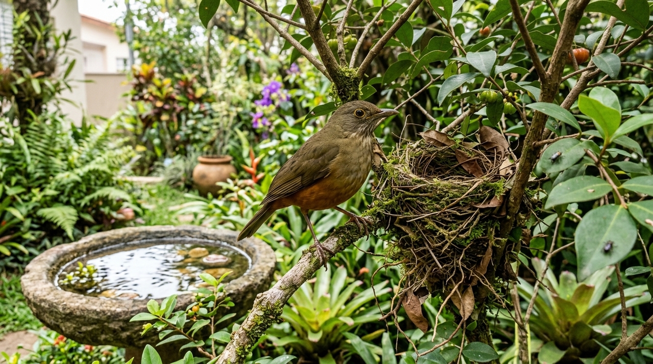 O sabiá-laranjeira (Turdus rufiventris) é amplamente distribuído pelo Brasil e adaptado a jardins, praças e quintais.