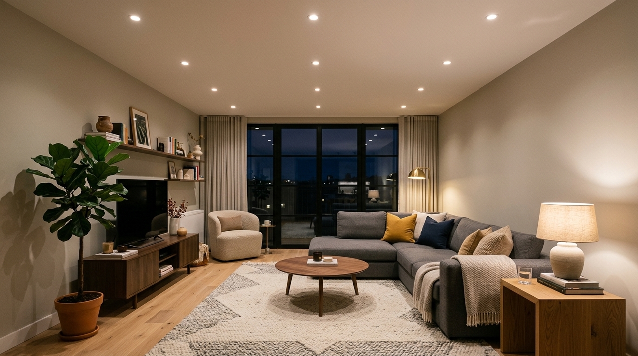 Em ambientes com pé-direito padrão (cerca de 2,60 m a 2,80 m), o espaçamento entre spots, plafons ou painéis de LED costuma ficar entre 1,0 m e 1,5 m