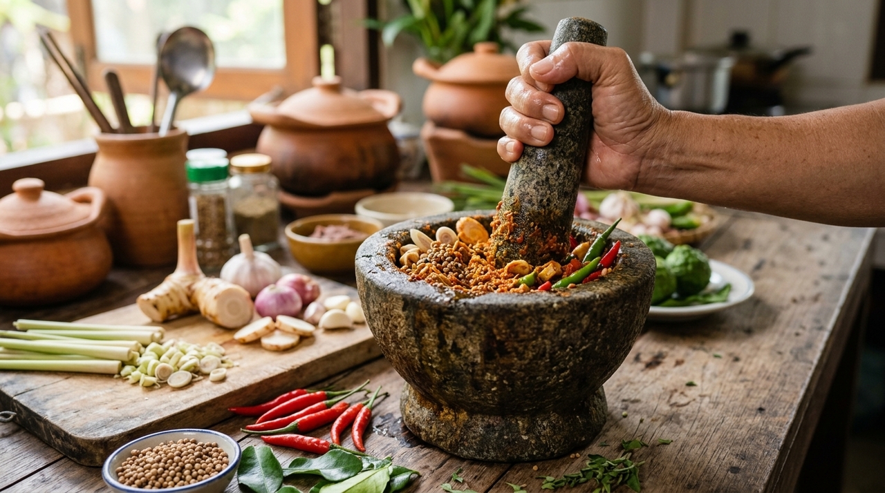 No curry tailandês, isso é decisivo porque a pasta mistura ingredientes secos e frescos.