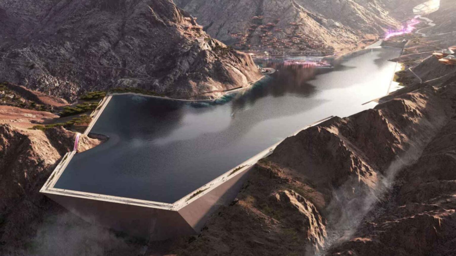 Renderização do lago artificial planejado por Trojena em NEOM, onde múltiplas barragens criariam um grande reservatório em um cenário de montanha desértica.