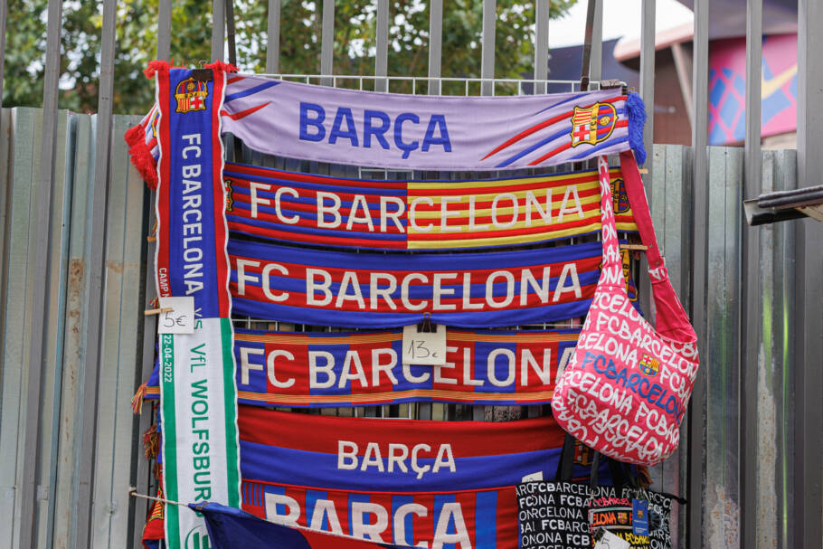 Barcelona, Spain – july 2022: Jerseys, Scarves and Other stuffs of Official Merchandise for Sale outside Barcelona Soccer Stadium, Camp Nou, Spain.