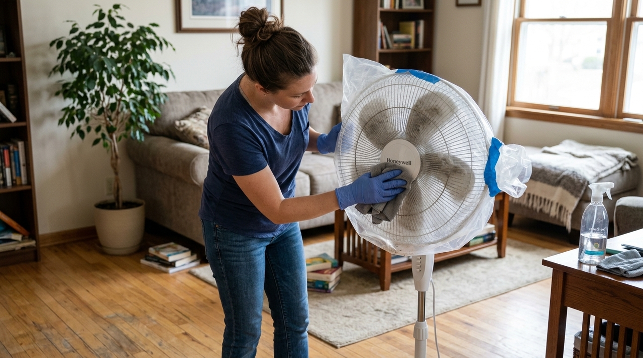Limpar ventilador com saco plástico aproveita o próprio movimento do aparelho para soltar a sujeira.