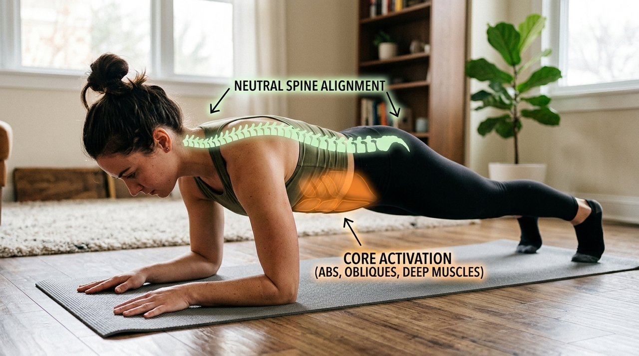 A prancha fortalece o chamado core, conjunto muscular responsável por estabilizar a coluna durante movimentos simples da rotina