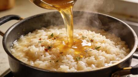 O caldo de guisado deixa o arroz mais encorpado