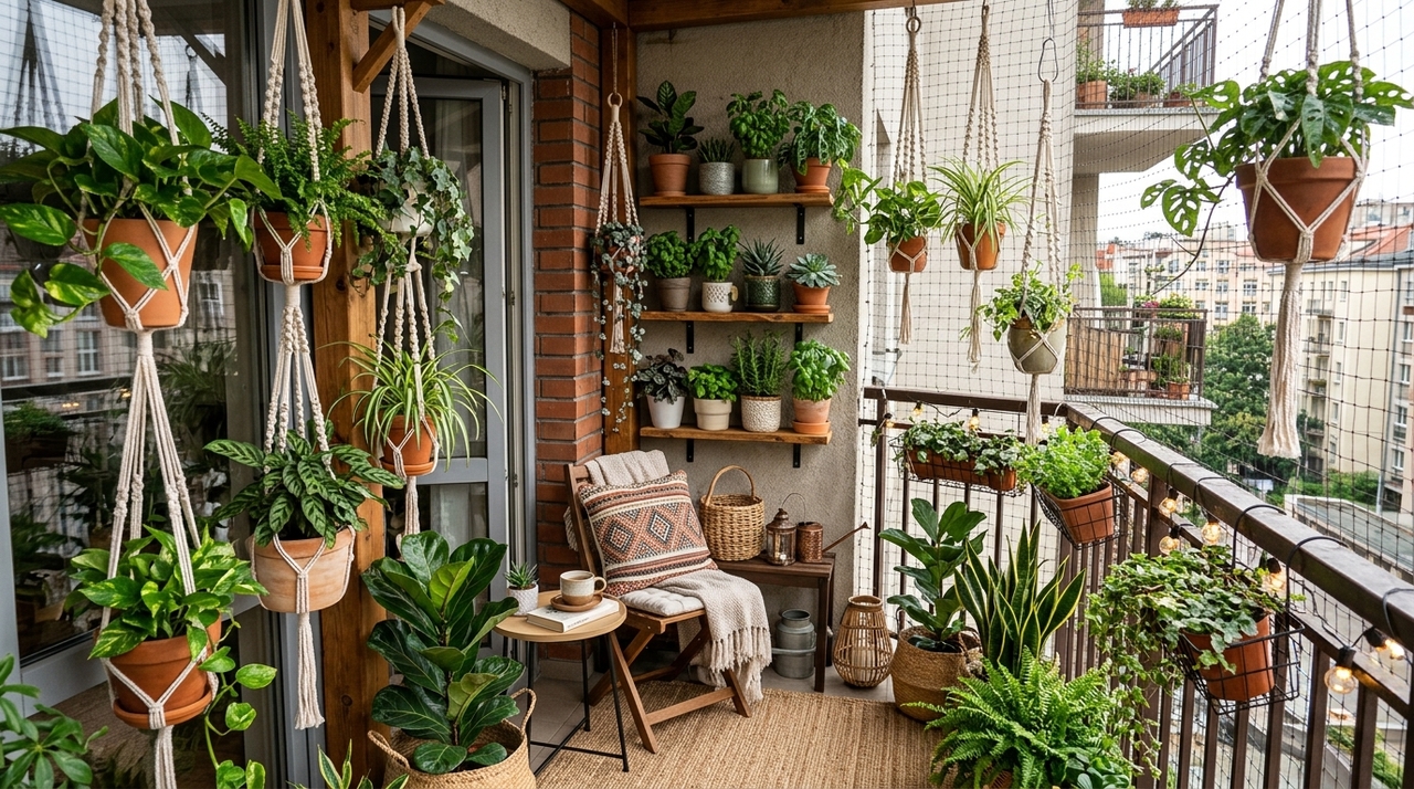 Plantas pendentes ocupam o alto de paredes, prateleiras e tetos, deixando o piso livre para circulação e móveis.