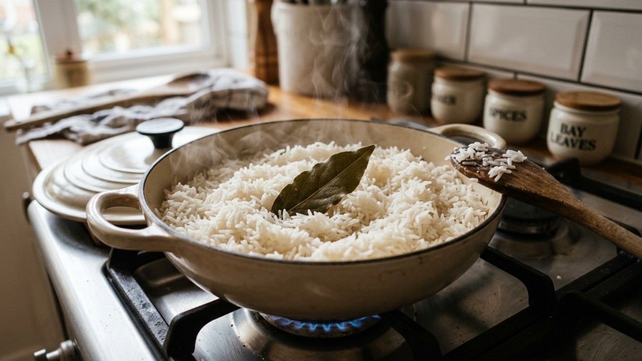 O uso estratégico de elementos naturais como a folha de louro eleva o sabor e o aroma do arroz branco preparado no dia a dia. – Imagem gerada por IA