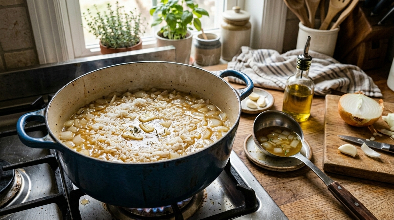 O alho e a cebola devem entrar antes do arroz, em um refogado curto com azeite ou óleo.