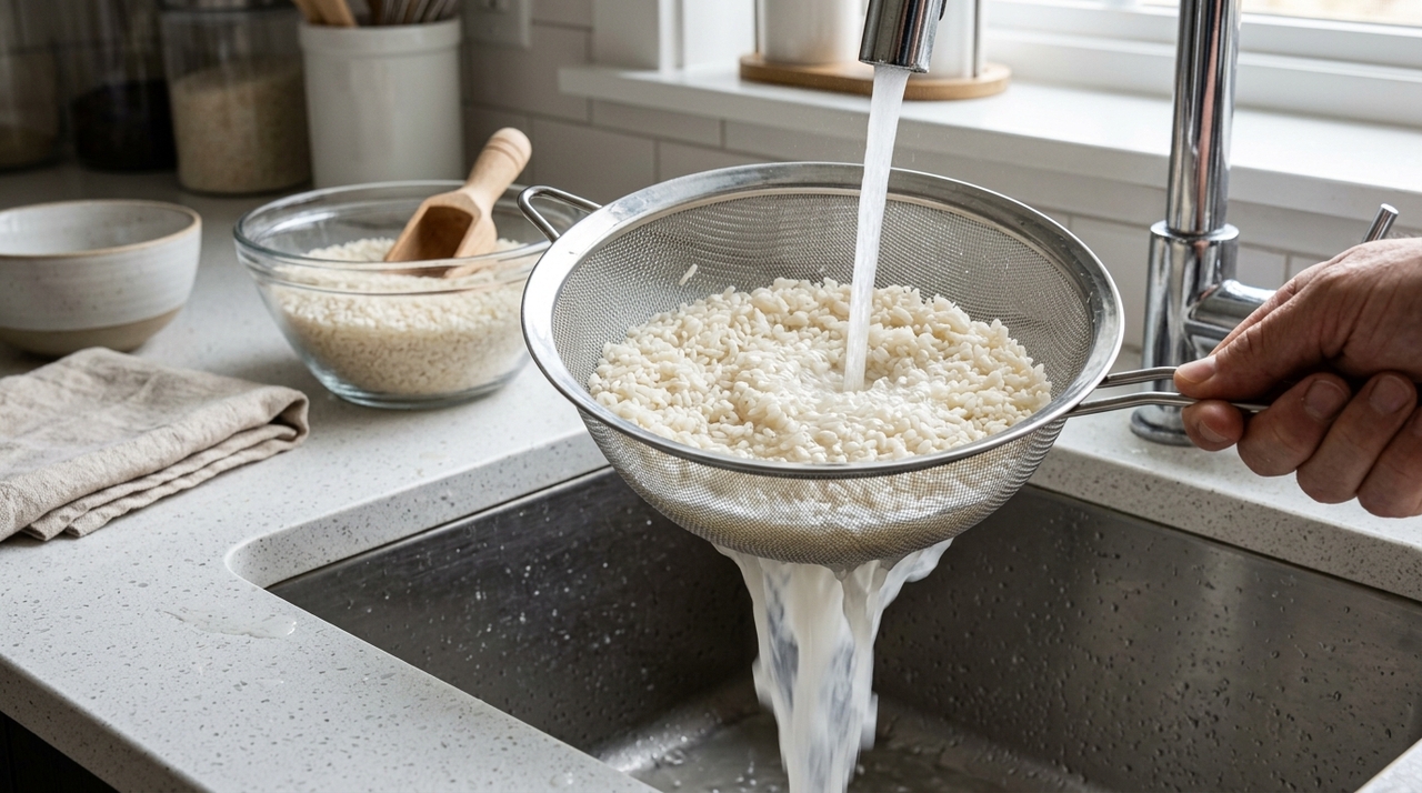 A etapa principal é lavar o arroz em água corrente até que a água saia menos turva.