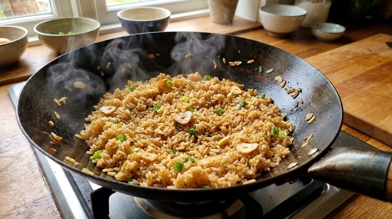Comece soltando o arroz frio com um garfo antes de levá-lo ao fogo