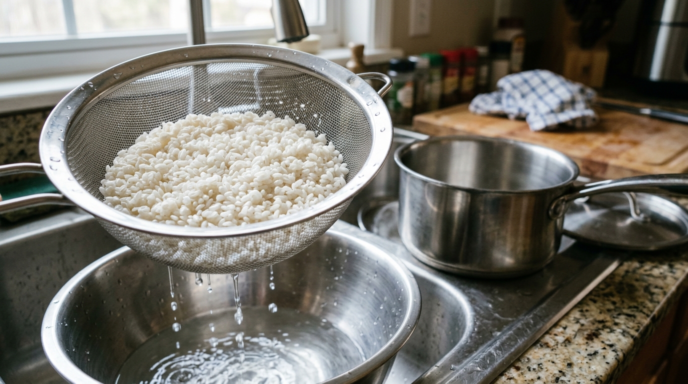 Arroz lavado cozinha melhor e fica menos empapado