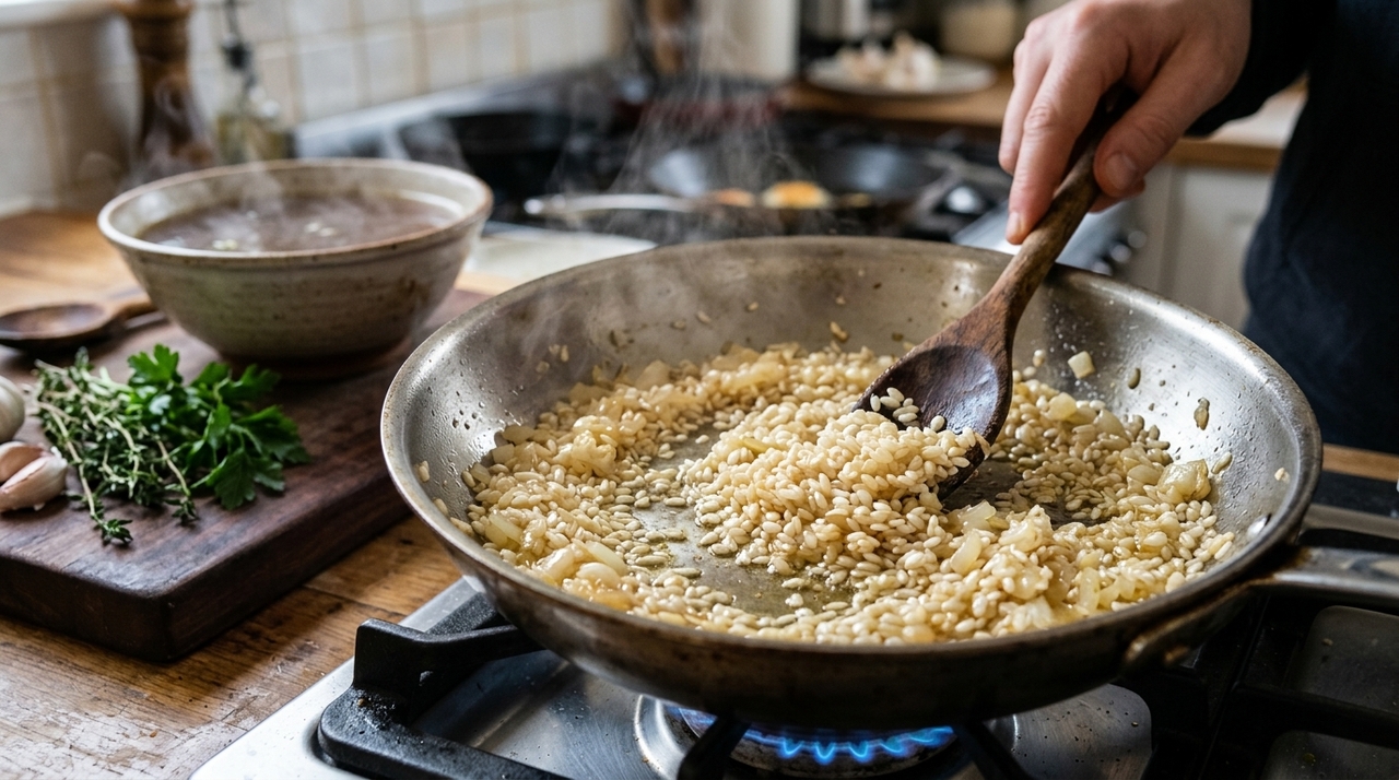 O alho e a cebola devem entrar antes do arroz, em um refogado curto com azeite ou óleo.
