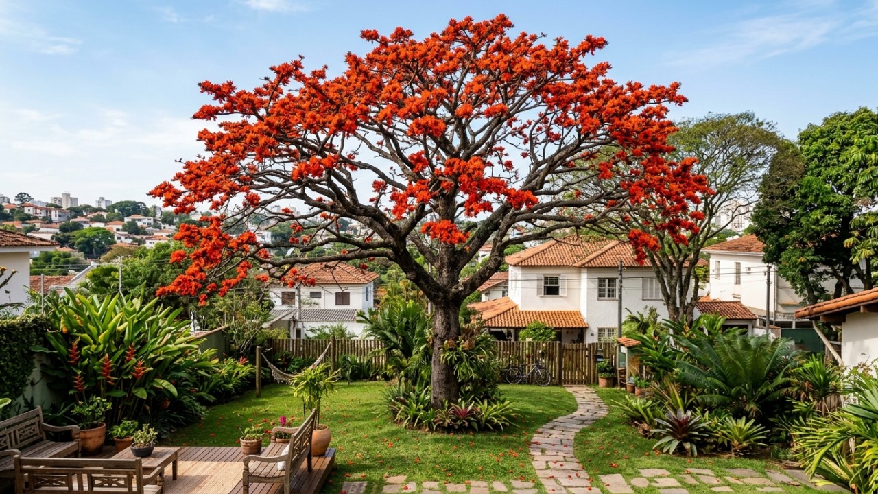 Essa árvore ornamental resiste à seca e atrai polinizadores, valorizando a biodiversidade nos jardins residenciais. – Imagem gerada por IA