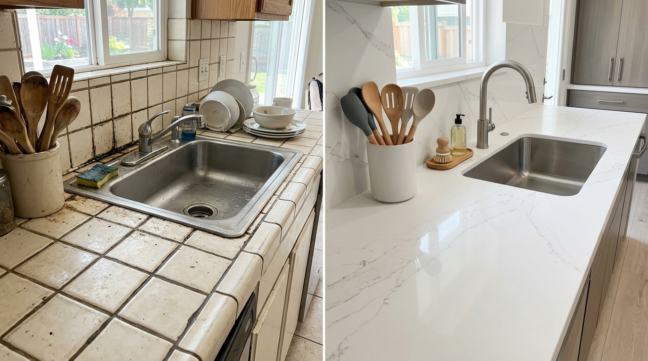O porcelanato de grande formato é uma das opções mais usadas para substituir o azulejo em bancadas de cozinha.