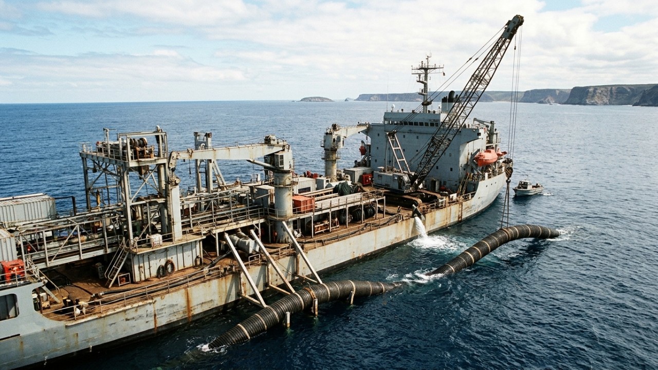 A imponente barcaça Beverley apoia a instalação de estruturas submarinas essenciais para a captação de água na Austrália. – Imagem gerada por IA