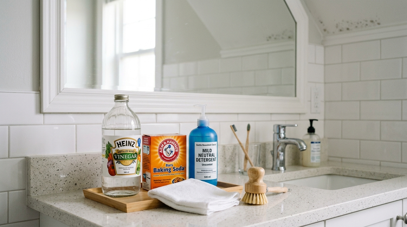 A combinação mais segura começa com detergente neutro e água morna para remover sujeira e biofilme.