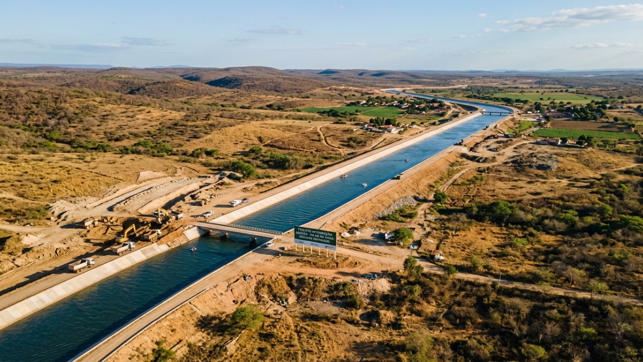 O avanço das obras do Cinturão das Águas garante segurança hídrica e desenvolvimento para diversas regiões do Nordeste. – Imagem gerada por IA