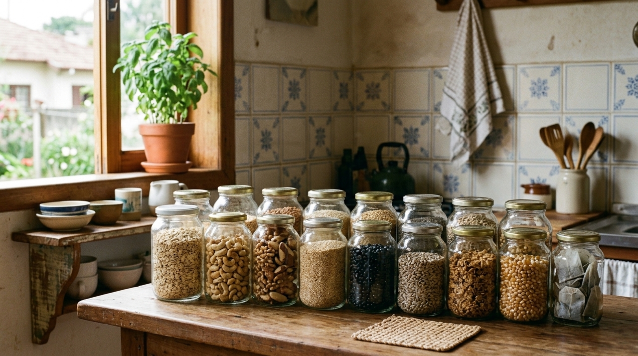 Na cozinha, os potes funcionam muito bem para organizar ingredientes secos e itens pequenos que costumam ficar espalhados.