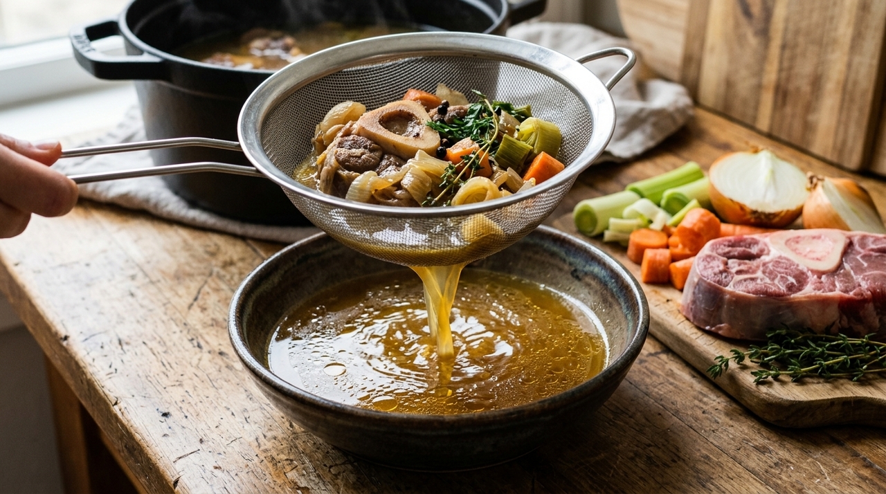O fogo baixo permite que gordura, colágeno e compostos aromáticos passem lentamente para a água.