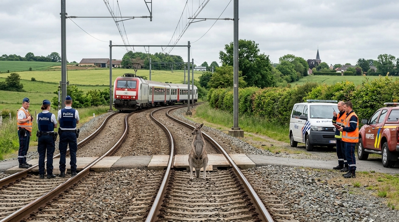 Canguru interrompe trânsito numa linha ferroviário