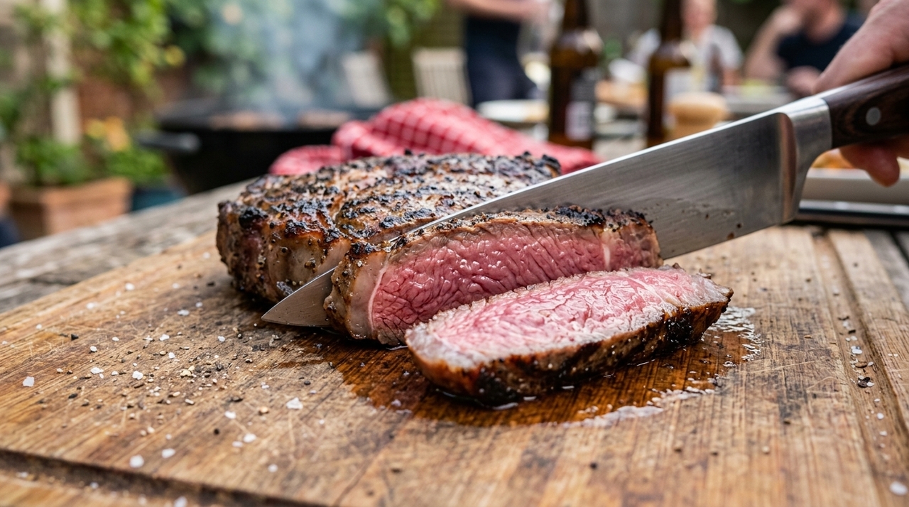 Quando a carne assada é cortada imediatamente, aquele caldo que deveria permanecer dentro dela escorre rápido.