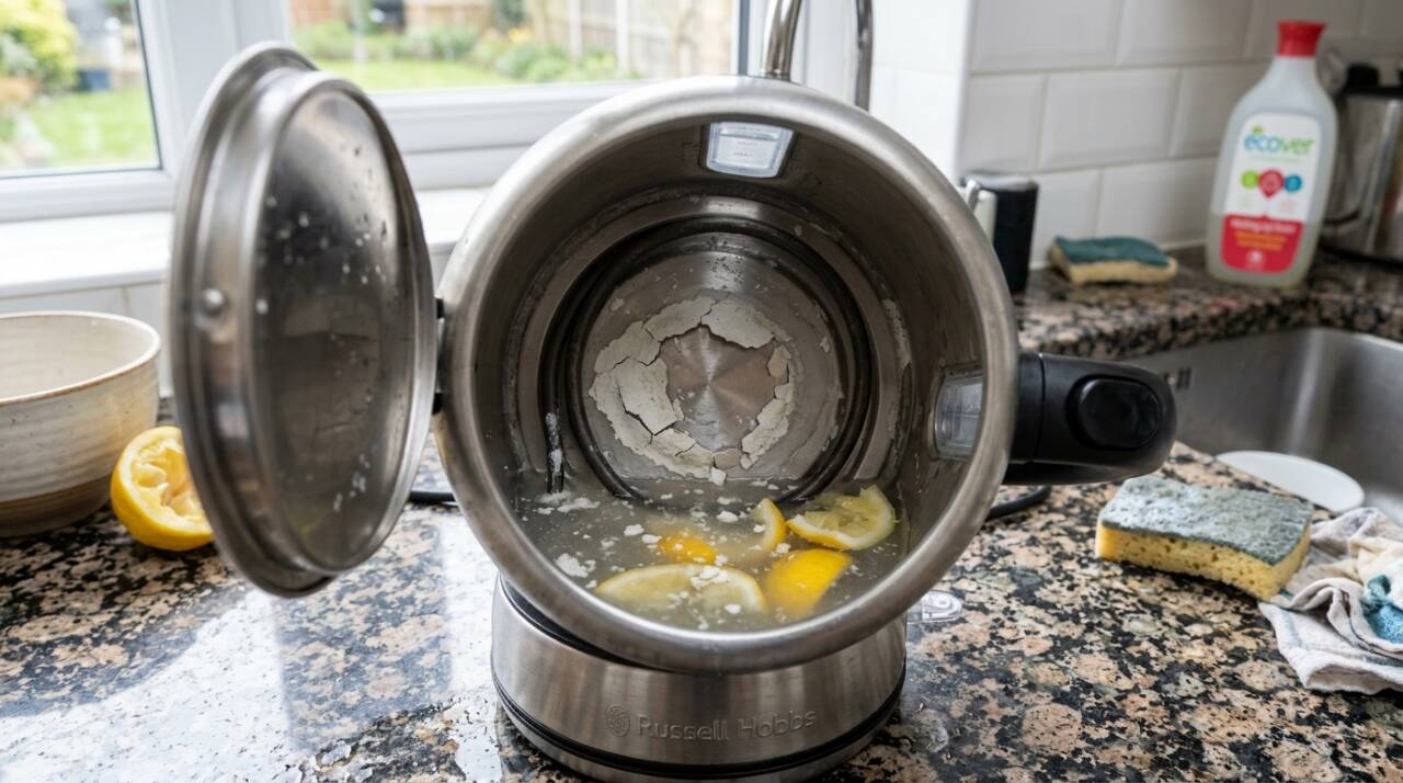 Para remover o calcário, encha a chaleira com água até cobrir a área manchada e adicione suco de limão, ácido cítrico ou vinagre branco diluído