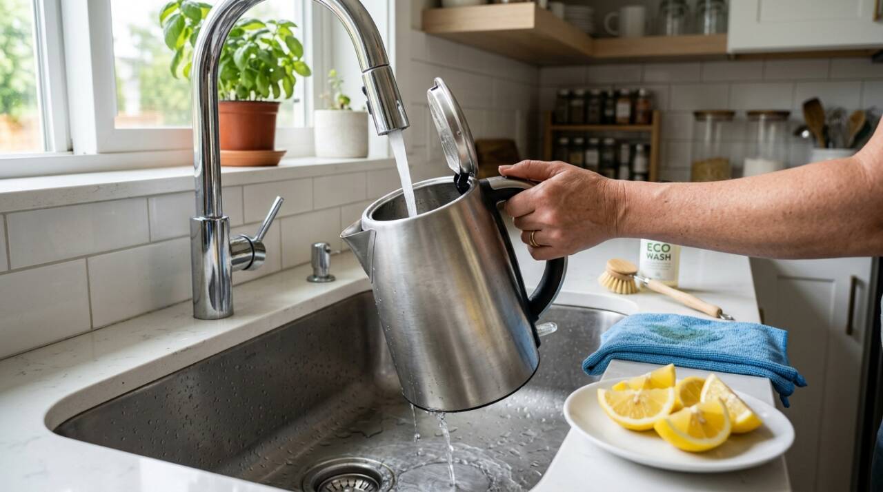 Para remover o calcário, encha a chaleira com água até cobrir a área manchada e adicione suco de limão, ácido cítrico ou vinagre branco diluído