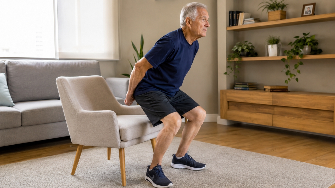 Exercícios simples de força, como sentar e levantar da cadeira, já ajudam a combater a perda muscular relacionada ao envelhecimento.