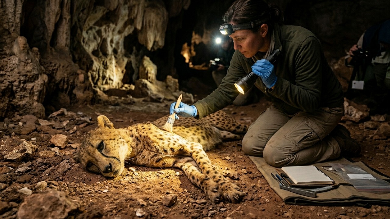 Corpos preservados de guepardos encontrados em cavernas da Arábia Saudita revelam segredos sobre a fauna do passado. – Imagem gerada por IA