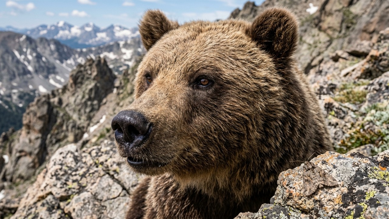 Dezenas de ursos-pardos se reúnem em altitudes elevadas para se alimentar de mariposas antes do inverno. – Imagem gerada por IA