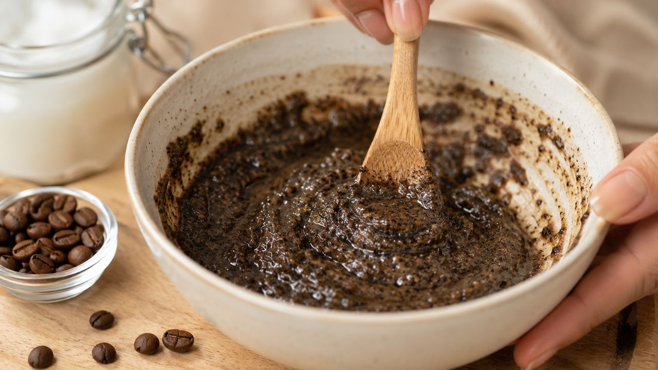 Misture pó de café e óleo de coco até virar uma pasta homogênea para aplicar na pele.
