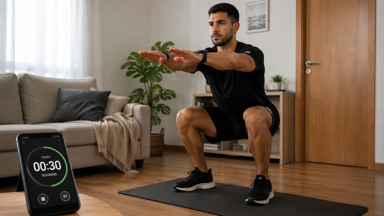 Treino caseiro de alta intensidade com peso corporal é prático, rápido e dispensa equipamentos.