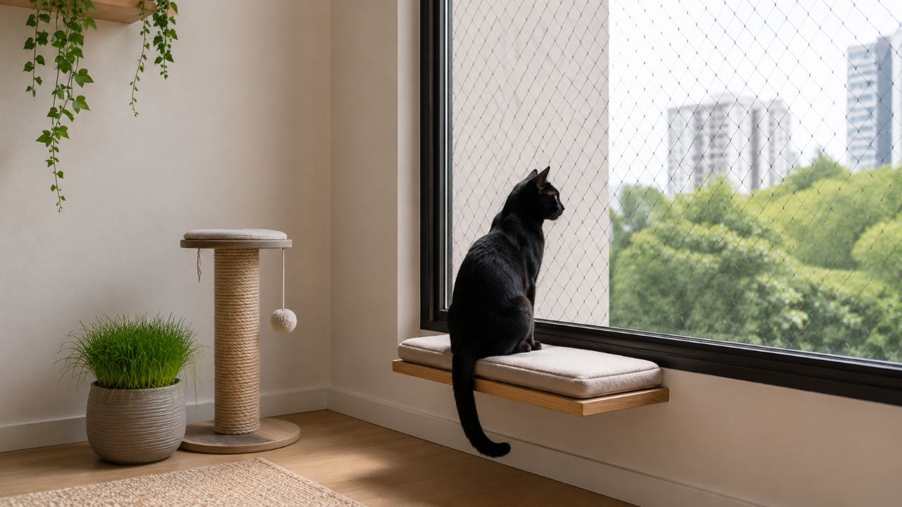 Adapte as janelas com prateleiras, caminhas e arranhadores para o gato observar a rua com conforto.