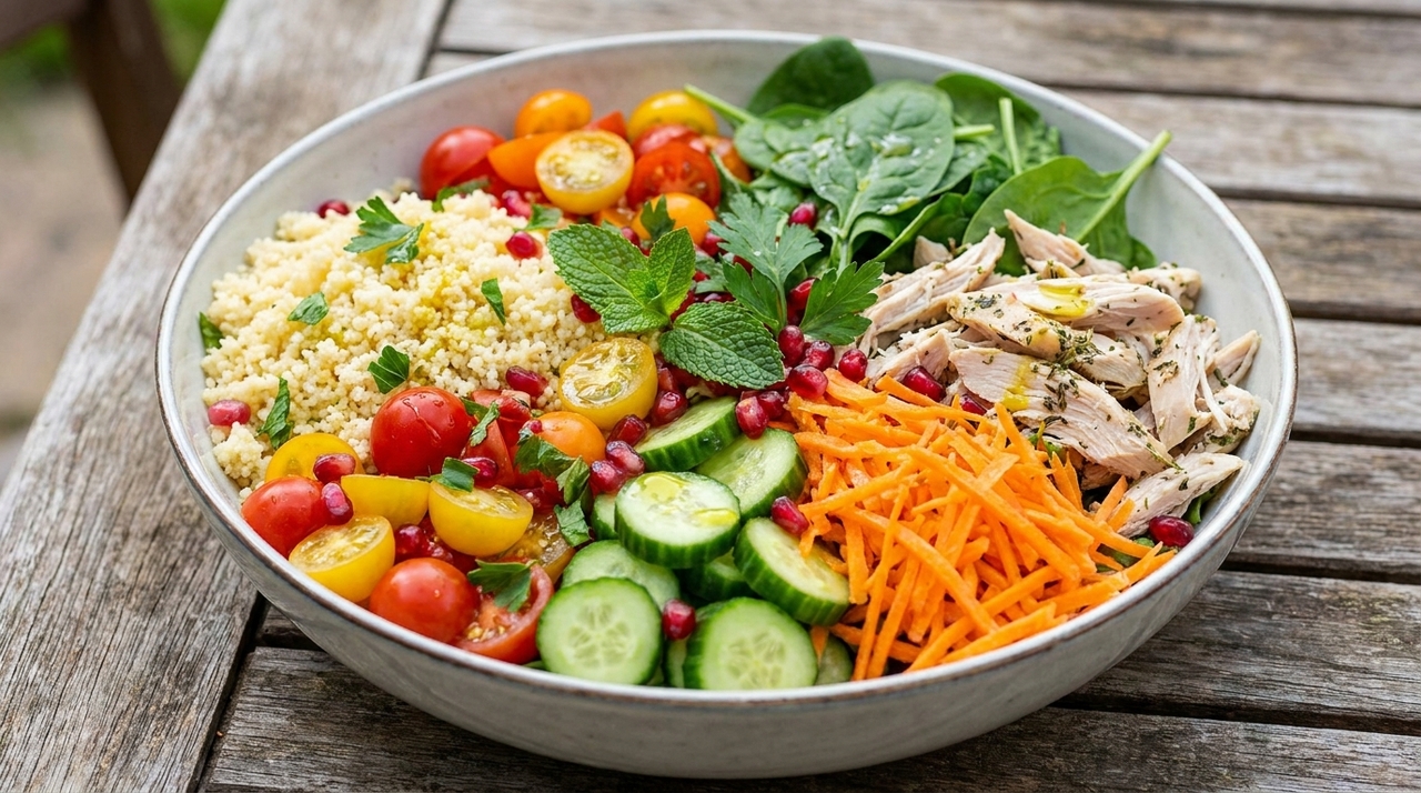 Uma das formas mais práticas é transformar o cuscuz em base para saladas mornas ou frias.